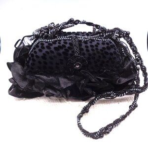 Mary Frances Black Velvet & Ruffle Beaded Evening Shoulder Bag Purse